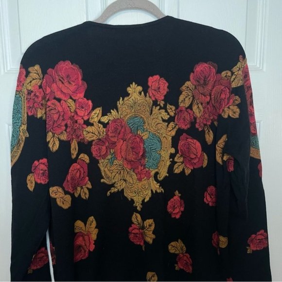 Angelo Marani Made in Italy 100% Wool Crewneck Black Floral Rose Sweater Medium - Picture 4 of 6